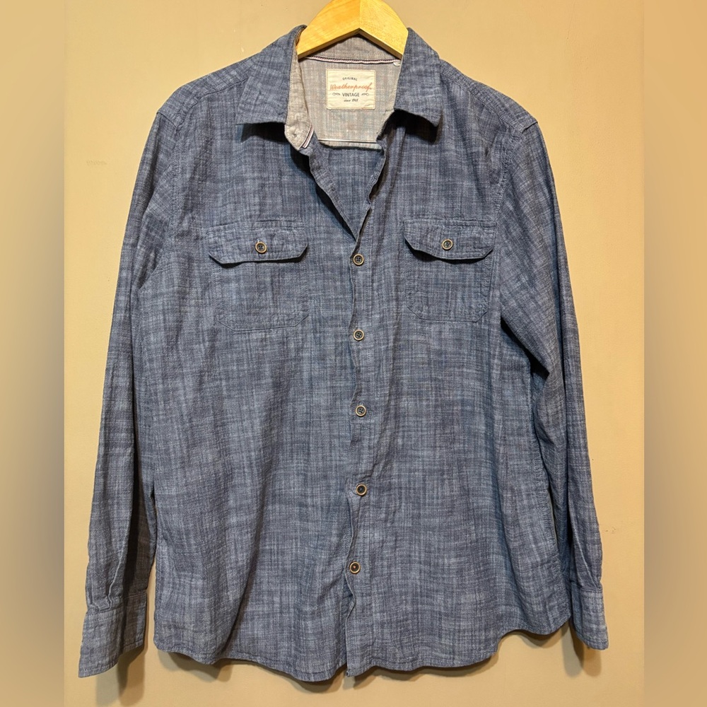 WEATHERPROOF VINTAGE Blue Denim Chambray Button Up 100% Cotton Shirt